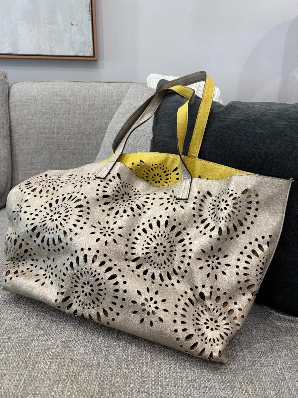 Echo Design Reversible Laser Cut Tote Bronze Metallic Yellow Mandala Handbag